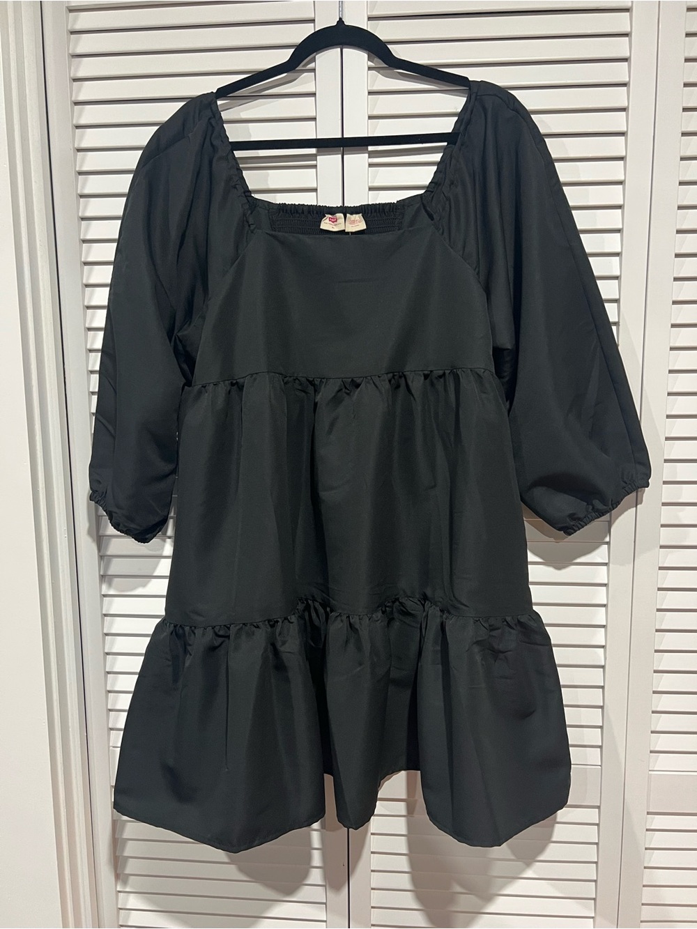 Black Tiered Puff Sleeve Mini Dress With Pockets
